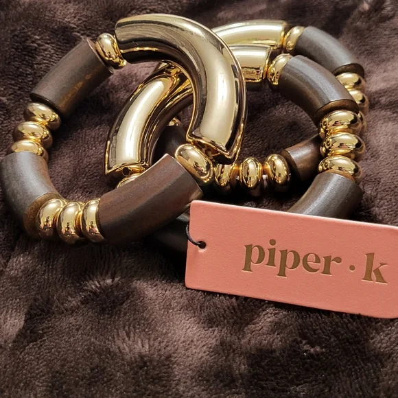 Piper K Set Of 3 Gold and Brown Statement Bracelet with Spherical Embellishments - Picture 11 of 13